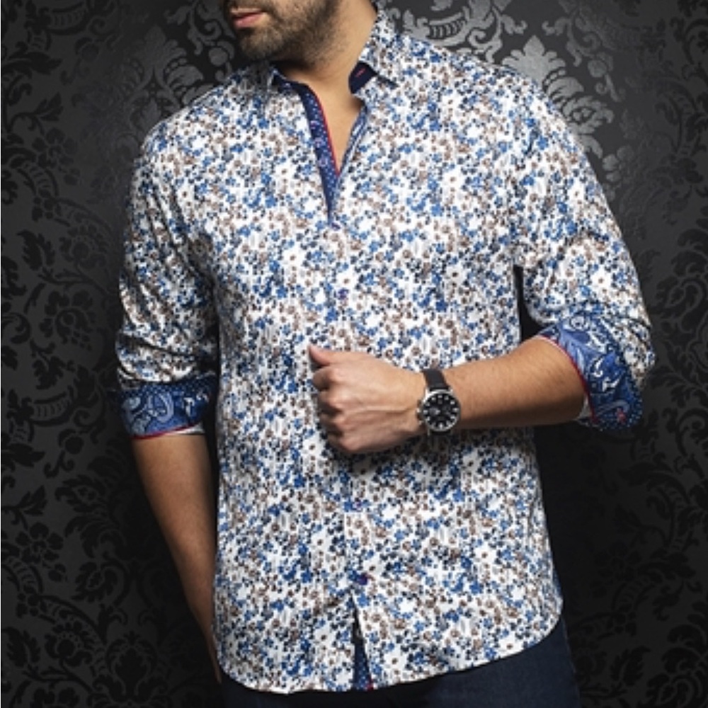 Men's Blue and White Floral Long-Sleeve Button-Down Shirt